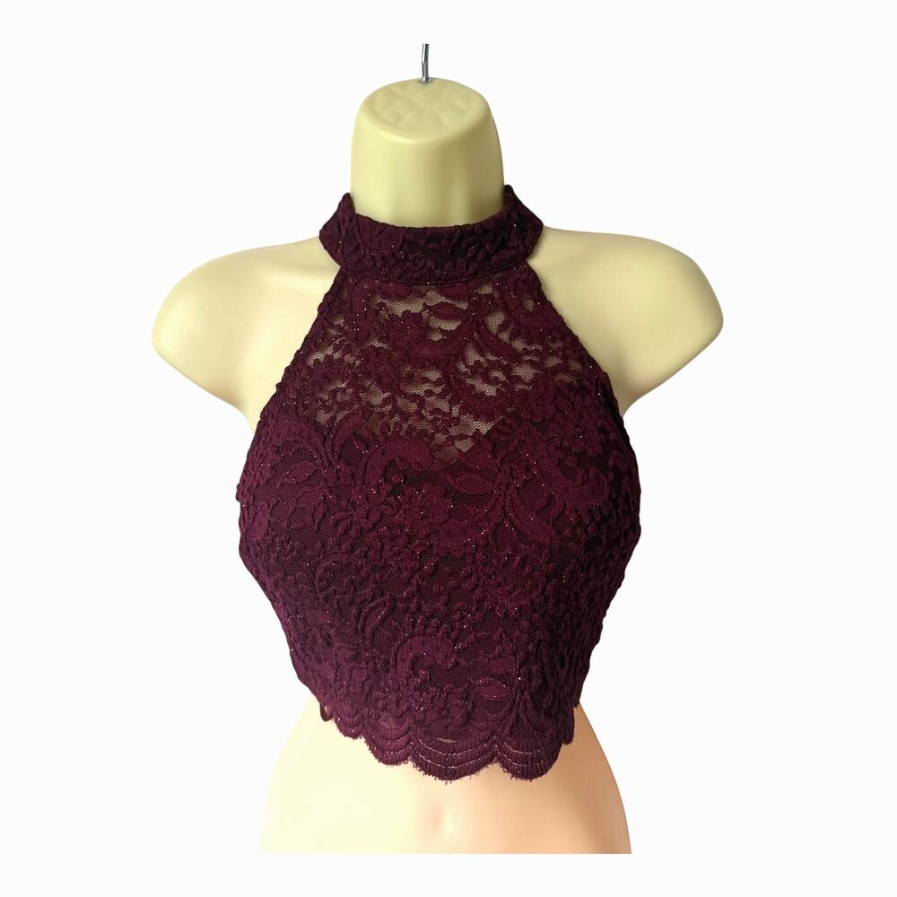 Jodi Kristopher Glittery Lace Wine/Plum Crop Top